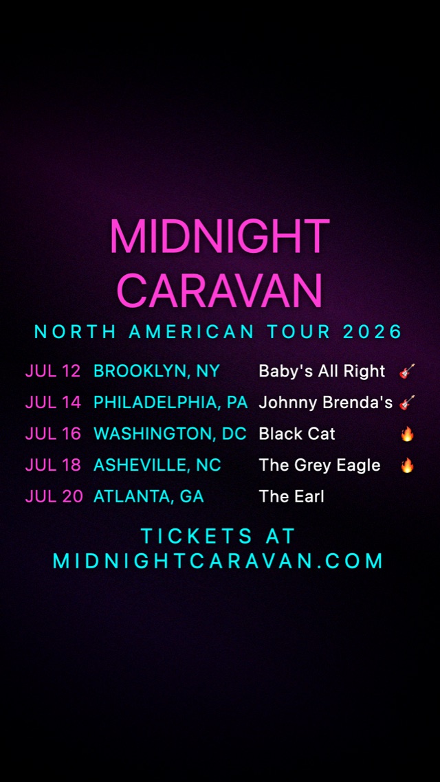A tour-date video frame in the Neon Marquee look: magenta headline with cyan subhead and a scrolling date list