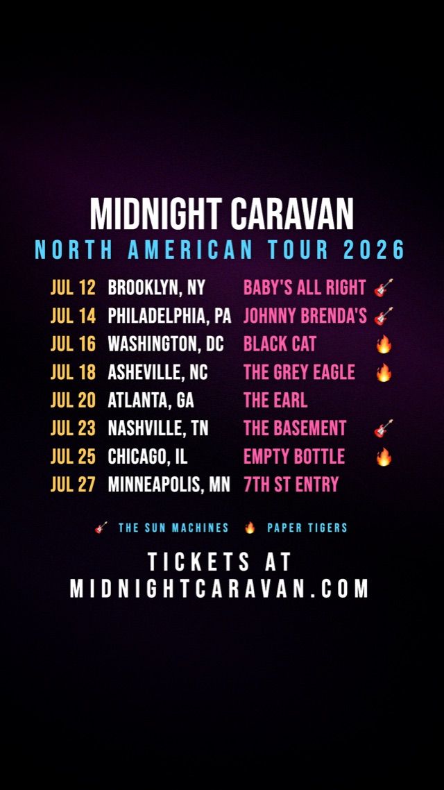 A tour-date video frame: MIDNIGHT CARAVAN over dark footage, with eight dates listed underneath in gold and pink